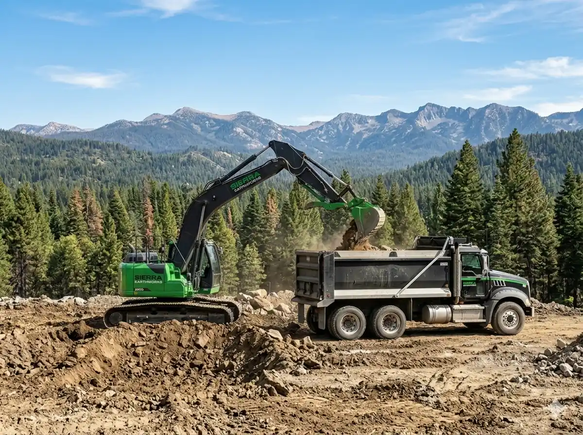 An excavator and dump truck working on a job site.